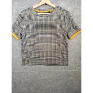 Haute Monde Women's Size Large Cropped Houndstooth Plaid Short Sleeve Top